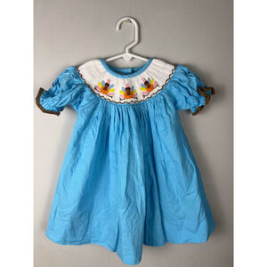 Baby Girls Smocked Thanksgiving Dress 9M Turkeys Bishop Handmade Boutique Blue